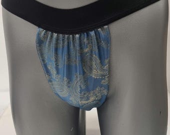 Men GOLDEN BLUE shiny silk paisley pattern briefs tanga like underwear fully lined with silky finish.