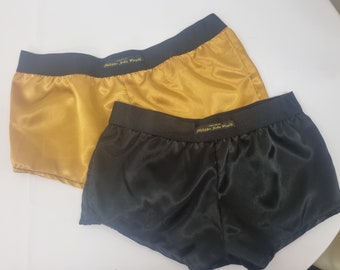 Womans double bundle GOLD and BLACK satin boy shorts, pajamas, french knickers made in france