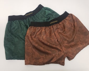 silk boxer shorts paisley pattern made in France FOREST GREEN and BROWN