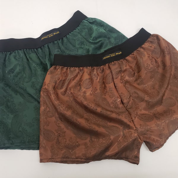 Two silk boxer shorts double bundle paisley motif made in France FOREST GREEN and BROWN