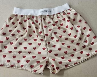 Love heart silky soft satin boxer shorts for men handmade in France gold with red hearts boyfriend gift husband present