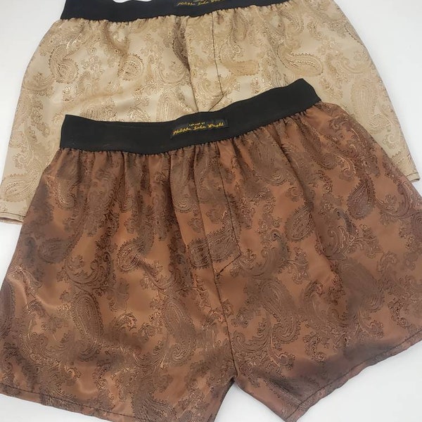 Two silk boxer shorts double bundle paisley motif made in France BROWN AND BEIGE.