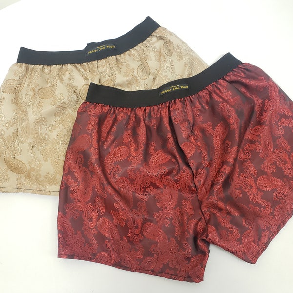 Two silk boxer shorts double bundle paisley motif made in France BURGUNDY RED and BEIGE