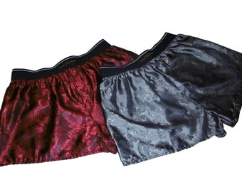 Two silk boxer shorts red and silver bundle paisley motif made in France