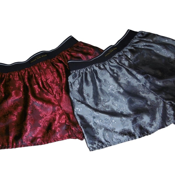 Two silk boxer shorts red and silver bundle paisley motif made in France