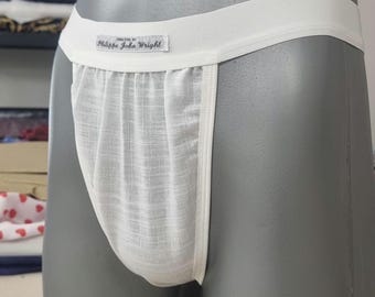 Mens thong WHITE organic linen briefs tanga like underwear soft elastic husband underpants thong briefs for boyfriend cheeky gift