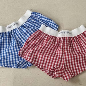 May include: Two pairs of checkered boxer shorts. One pair is blue and white, the other is red and white.