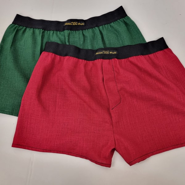 Two Red and Green LINEN men boxer short bundle with black elastic.