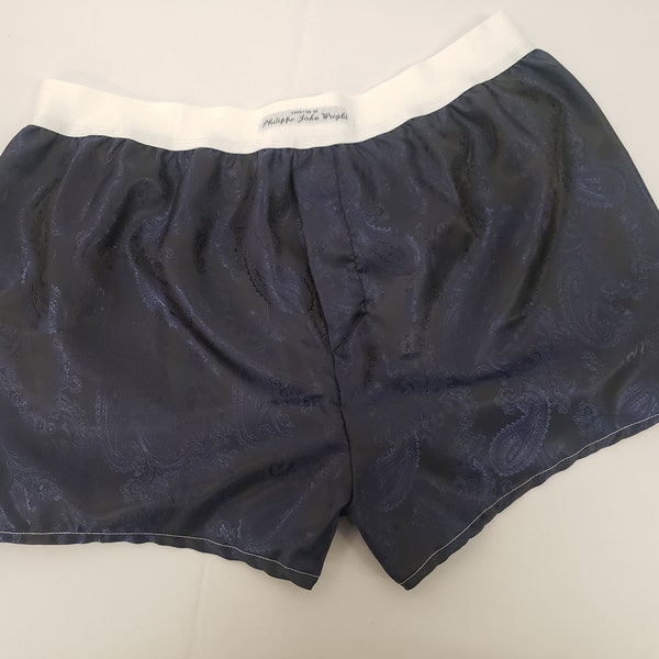 Navy silk boxer shorts paisley motif made in France