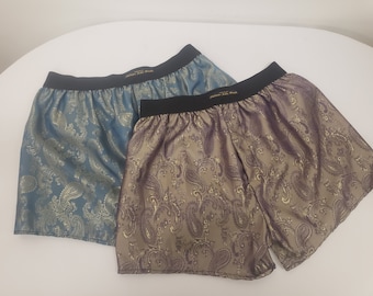 silk boxer shorts paisley pattern made in France golden PURPLE and golden BLUE