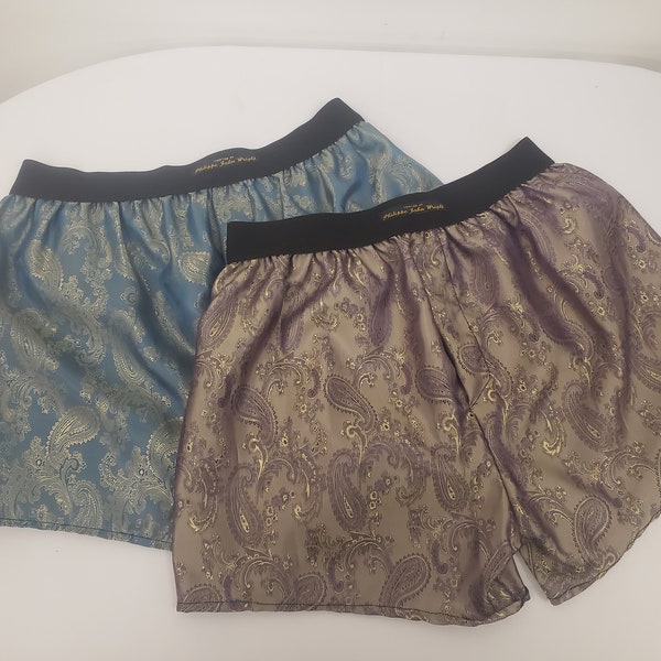 Two silk boxer shorts double bundle paisley motif made in France golden PURPLE and golden BLUE