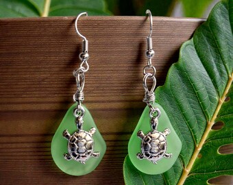 Sea Glass Turtle Earrings, Green Teardrop Pendant, Silver Dangle Jewelry