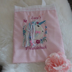 Sac à livres Friends, appliqué licorne en rose avec nom Personnalisé avec nom, brodé, paillettes, bordure, maternelle et école,