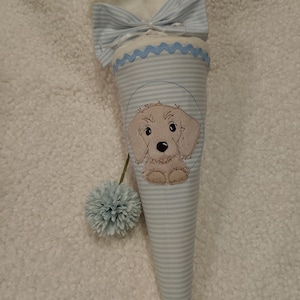 Schultüte Hund, Zuckertüte ,blau weiß, Hund Schulanfang, Schultüte mit Namen, Schultüte Jungen Schultüte Mädchen, Papprohling, Zuckertüte