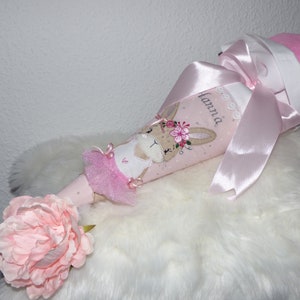 School cone, candy cone, personalized with name, pink, rabbit with tulle skirt girl princess, 70 cm, 35 cm