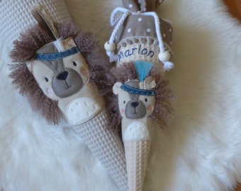 School cone, sugar cone lion personalized with name, boys and girls, 70 cm, 35 cm, beige,