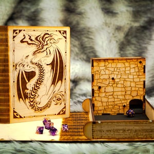 Dragon Dice Tower and Tray: A Wood Dice Tower emblazoned with a Fire-breathing dragon. This DnD pop-up book is perfect for your Book Nook.