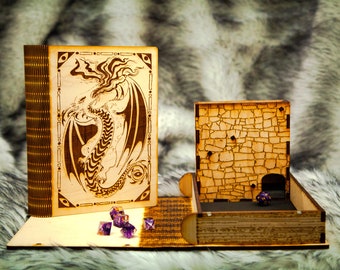 Dragon Dice Tower and Tray: A Wood Dice Tower emblazoned with a Fire-breathing dragon. This DnD pop-up book is perfect for your Book Nook.