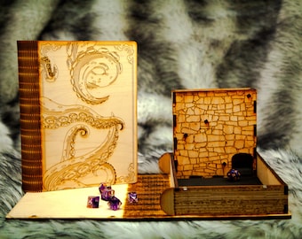 May include: A wooden box with a hinged lid, decorated with an intricate design of an octopus. The box is open, revealing a smaller compartment with a stone wall design. There are several purple dice inside the box.