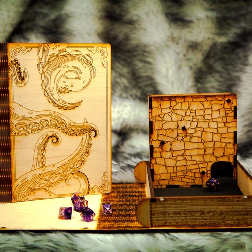 Ukryta wieża do gry w kości i tacka, grawerowane macki Krakena, Call of Cthulhu, akcesoria DnD, drewniana wieża do gry w kości, przenośna wieża do gry w kości