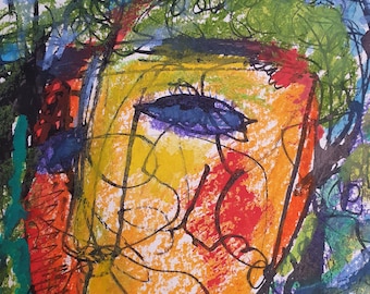 May include: Abstract artwork featuring a face rendered in vibrant colors. The face is primarily yellow and orange, with red and blue accents. Black lines define the features and outline the form, set against a backdrop of green and blue.