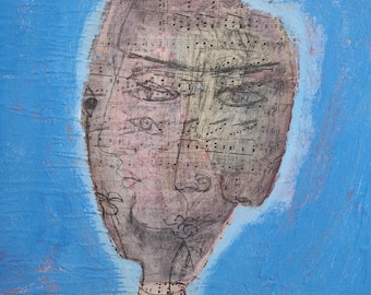 May include: Abstract mixed media artwork featuring a face composed of musical notes and pencil sketches against a blue background. The figure has a red collar and a red lower section. The artwork has a textured appearance.