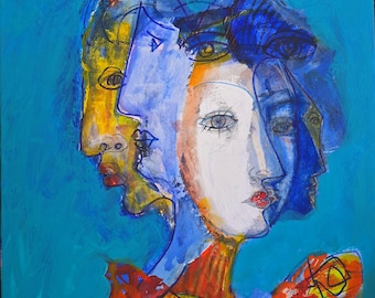 May include: Abstract painting featuring multiple overlapping faces in shades of yellow, blue, white, and red against a turquoise background. The artwork has a modern, expressive style with visible brushstrokes and the artist's signature.