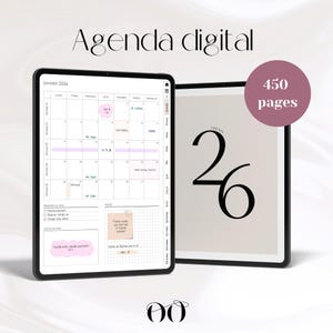 Peut inclure: Deux tablettes d'agenda numérique. L'une affiche un calendrier pour janvier 2026, avec des accents roses. L'autre montre le chiffre "26" dans une police élégante. Le texte "Agenda digital" est en haut, et un cercle indique "450 pages".