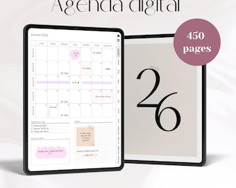 Puede incluir: Dos tabletas de agenda digital. Una muestra un calendario para enero de 2026, con acentos rosas. La otra muestra el número "26" en una fuente elegante. El texto "Agenda digital" está en la parte superior, y un círculo indica "450 páginas".
