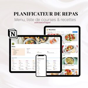 Peut inclure: Une capture d'écran d'un ordinateur montrant une application de planification des repas. L'application comprend un menu, une liste de courses et une section de recettes. L'application s'appelle "Planificateur de Repas" et est conçue pour aider les utilisateurs à planifier leurs repas, créer des listes de courses et trouver des recettes. L'application est affichée sur un ordinateur portable, une tablette et un smartphone.