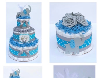 Baby Boy Diaper Cake - Elephant /Jungle Style - Baby Shower Gift - 3 Tier Cake - Centerpiece - Neutral- Pampers