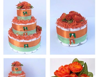 Baby Girl - Boy Diaper Cake  - Orange/Botanical Style - Neutral - Baby Shower Gift - 3 Tier Cake - Centerpiece - Pampers