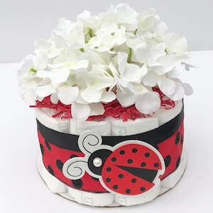 Diaper Cake 1 Tier, LadyBug Style, Unisex, Baby Shower Centerpiece Decor Gift, Neutral, Practical Handmade Gift
