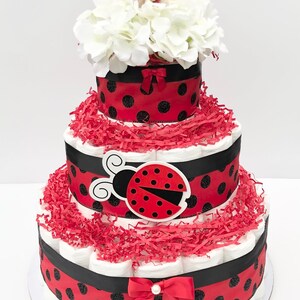 Diaper Cake 3 Tier, Ladybug Style, Unisex,Neutral, Baby Shower Centerpiece Decor Gift, Practical Handmade Gift