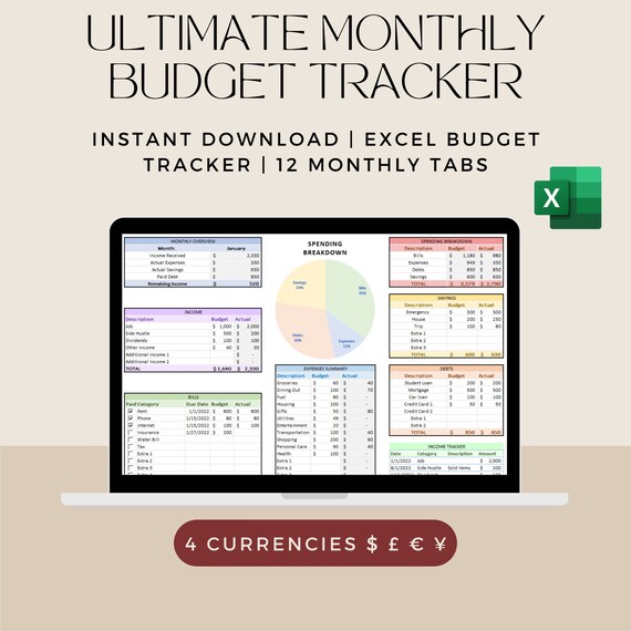Excel Monthly Budget Budget Template Excel Excel Etsy