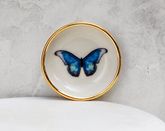 Blue Morpho Trinket Dish | Handmade Pottery Ring dish with Gold | Wedding Gifts |  Jewelry Dish | Handmade | Butterfly | Engagement Gift