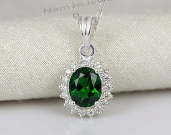 Gioielli con pietra portafortuna per donna, collana con ciondolo ovale in smeraldo, collana in argento 925 in stile vintage, regalo.