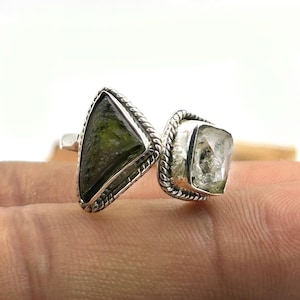Handmade Sterling Silver Moldavite Ring with Herkimer Diamond