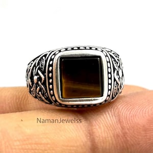 Sterlingzilveren herenring tijgeroog: vierkante edelsteen, handgemaakt