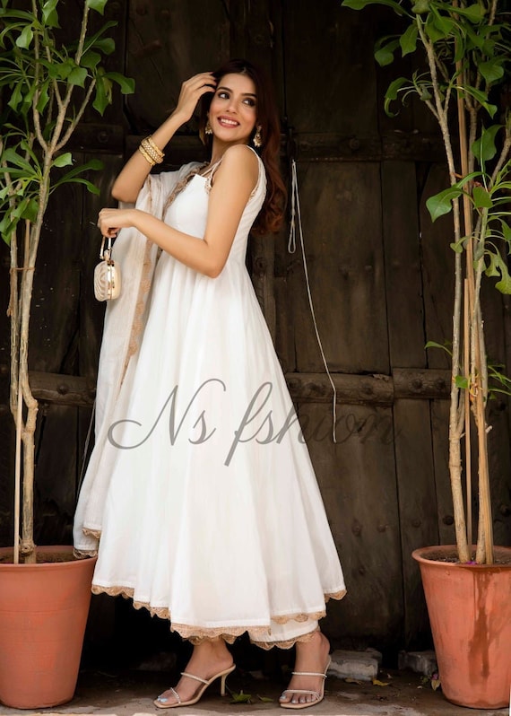 Anarkali Suits : White georgette embroidered umbrella flair ...