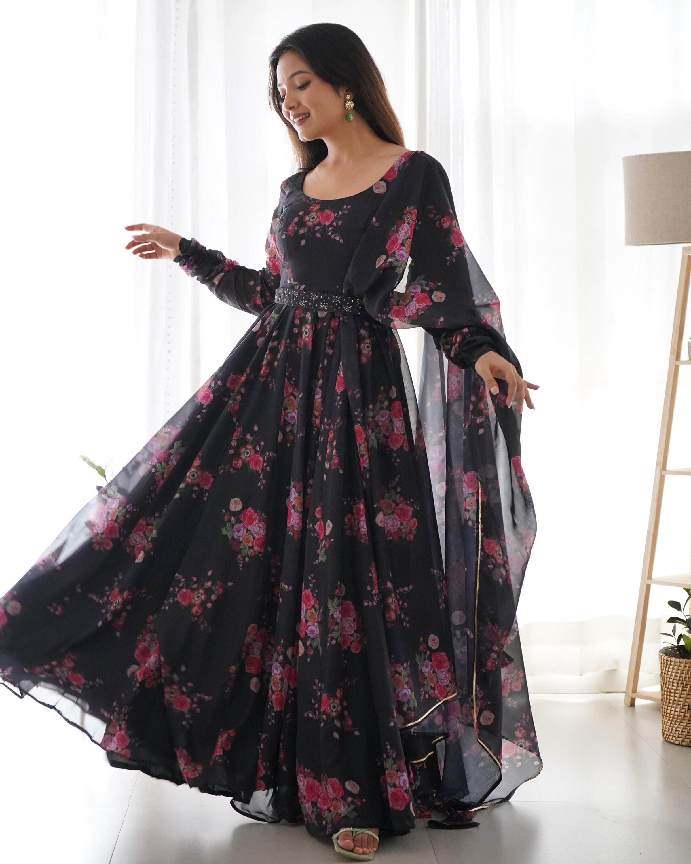 Designer Black Organza Silk Stylish Printed Anarkali Suit