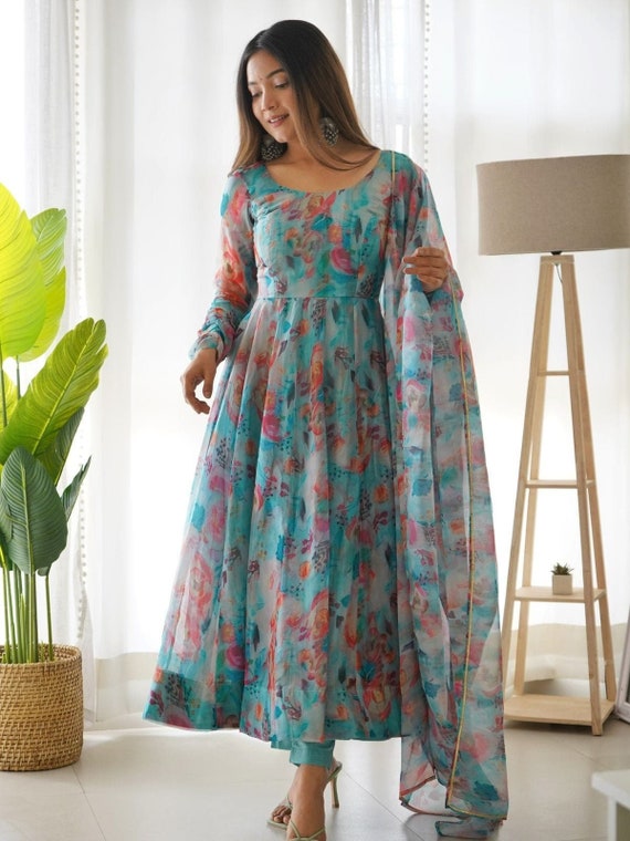 Designersky Blue Floral Printed Full Flared Organza Fabric With