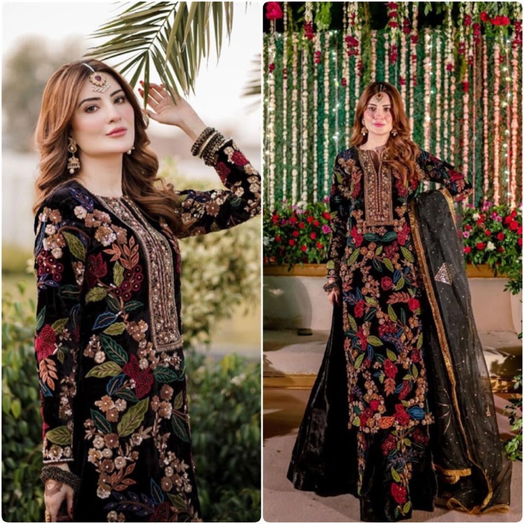 Premium Pakistani Black Velvet Fully Embroidered Kurta With - Etsy
