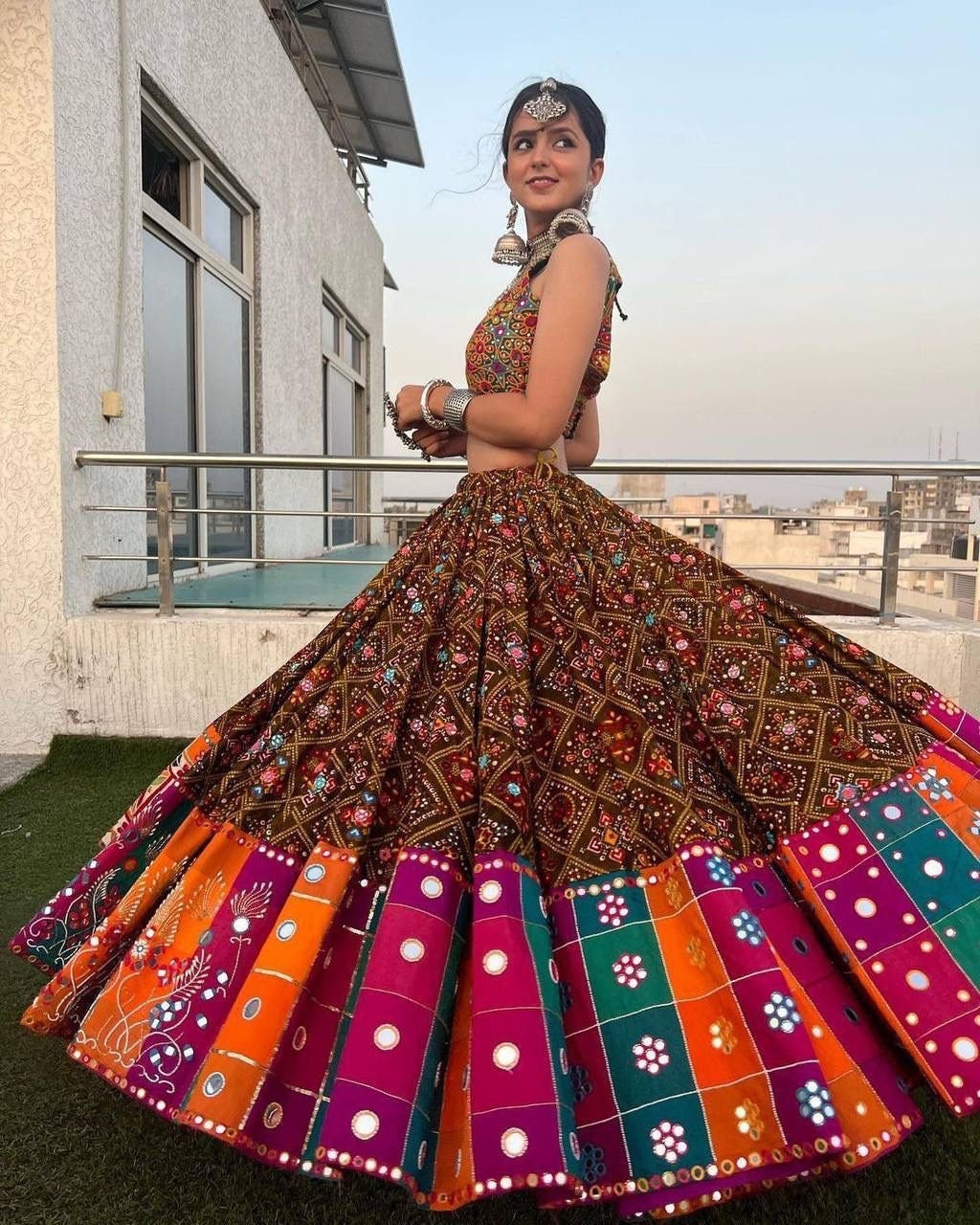 Gujarati Navratri Lehenga Print N Mirror Work Graba Dance festival Lehenga  Choli | eBay