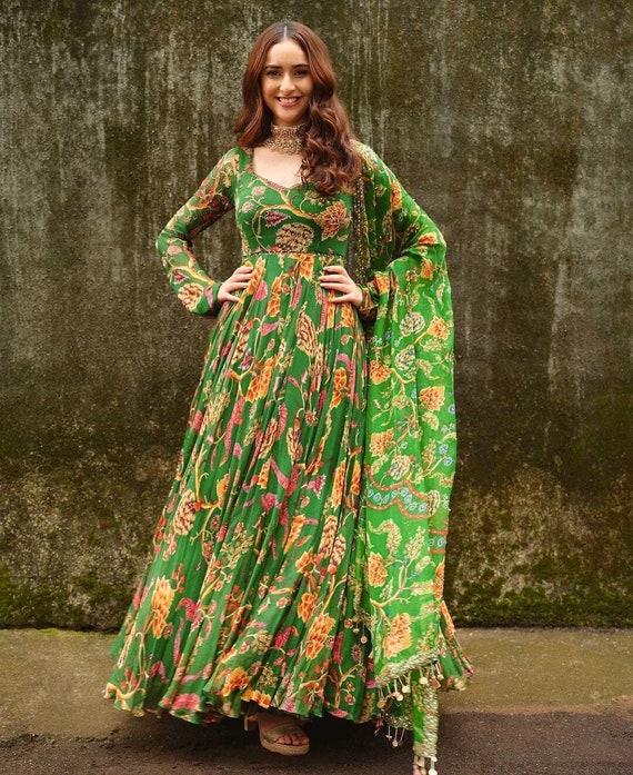 Designer Gown with Banarasi Dupatta Online|Green Colour Gown