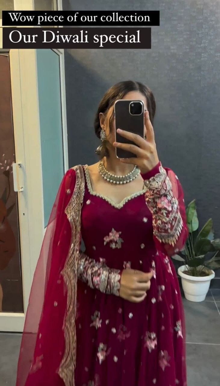 Diwali Special Pooja Dress.special for Women/girls.indian Designer Chikan  Kari Fabric Anarkali Long Gown Kurti With Organza Dupatta Dress. - Etsy