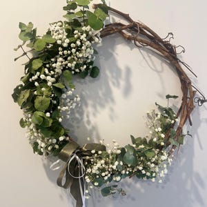 Bruiloftskrans, Moederdagkrans, krans voor speciale gelegenheden, eucalyptusbladeren, babyademhaling. Handgemaakt, op maat gemaakt
