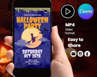 Invitación animada para fiesta de Halloween con temática de brujas, vídeo editable en Canva (descarga digital).