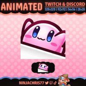 Op de afbeelding: Geanimeerde Twitch- en Discord-banner met een roze personage met blauwe ogen en een glimlachende uitdrukking. De banner bevat de tekst "ANIMATED" en "TWITCH & DISCORD" samen met afmetingen. De achtergrond is roze met witte stippen.