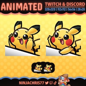 May include: Animated Pikachu emotes for Twitch and Discord. The emotes feature a yellow Pikachu with black-tipped ears, red cheeks, and a smiling expression. The background is yellow with white polka dots. Text includes "ANIMATED" and "TWITCH & DISCORD".